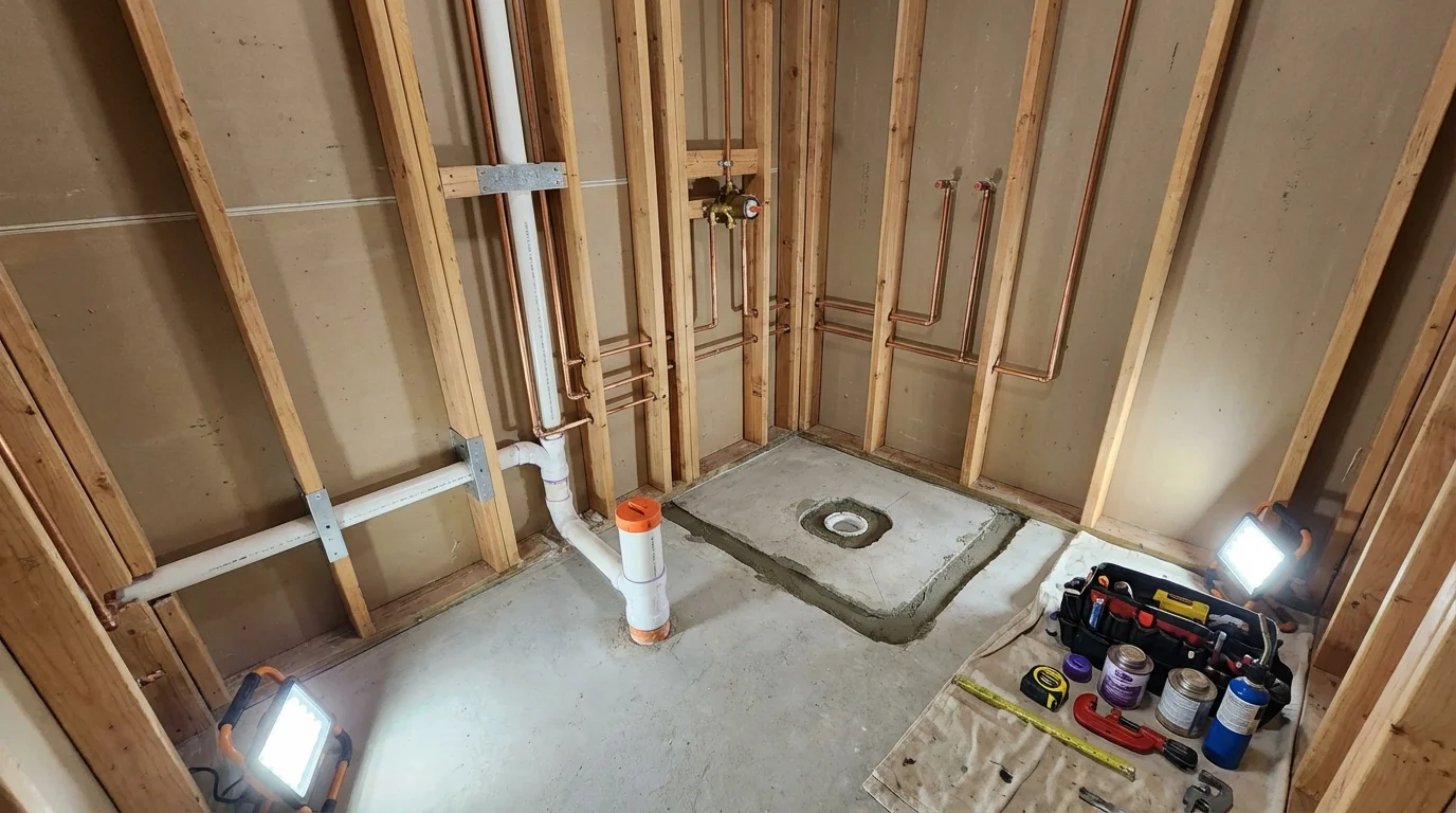 Bathroom rough-in plumbing during remodel by Johns Plumbing LLC in Nixon