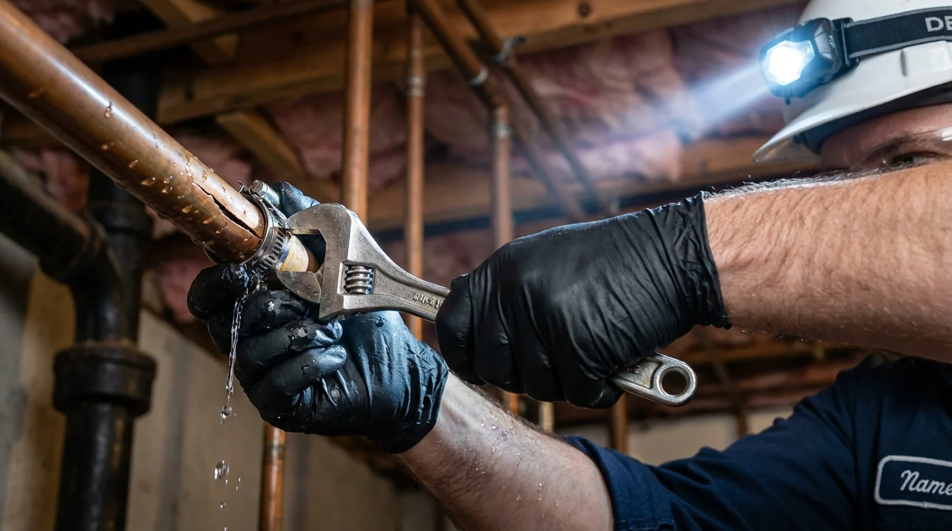 Emergency pipe clamp repair being performed by a Johns Plumbing LLC plumber in Nixon