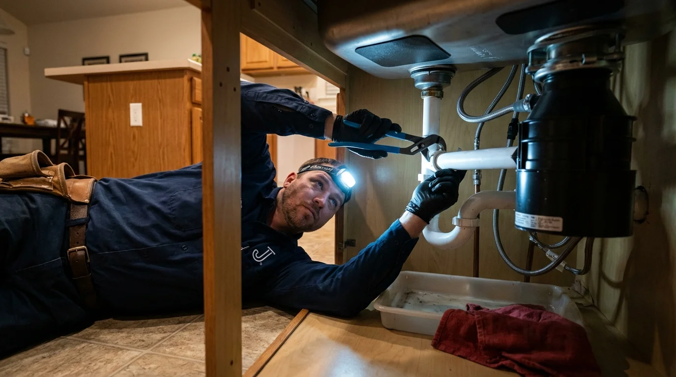 P-trap and supply line connections under a kitchen sink showing a common leak point in Nixon, TX